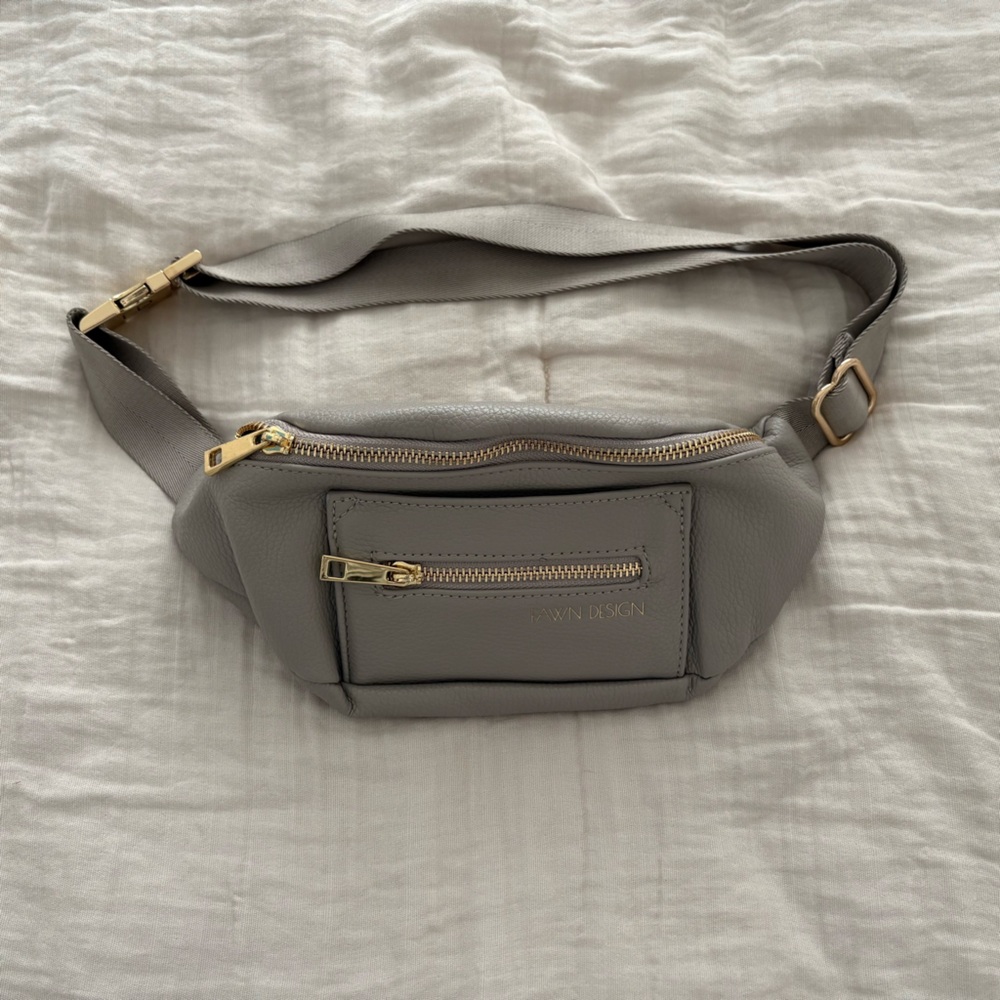 Fawn Design Gray Leather Crossbody Belt Bag with Gold Hardware